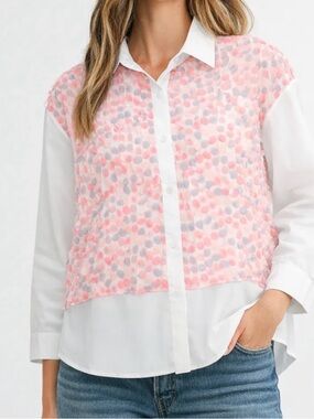 JOH Apparel White Longsleeve Confetti Netting Button Down Blouse Large NEW